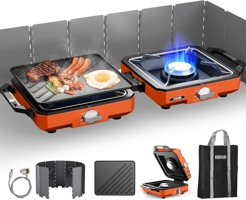 ODSD 2 Burner Camping Stove with Windshield, 20000 BTU Propane Camp Stove, Portable Folding Gas Stove, Camping Essentials Gear Includes Frying Pan, Coffee Stand & Carry Bag, Orange - Image 1